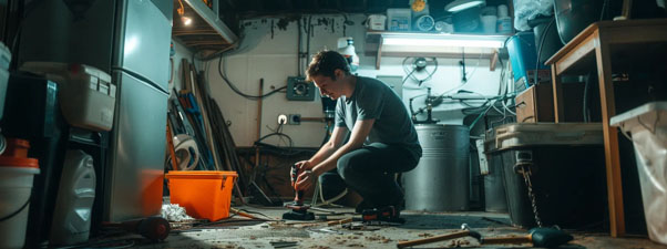 Emergency plumber fixing a burst pipe leak in a home